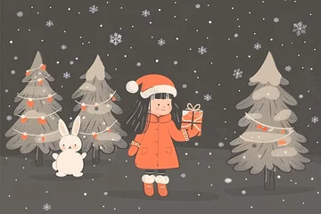 a cartoon of a girl holding a present in a forest © Galina