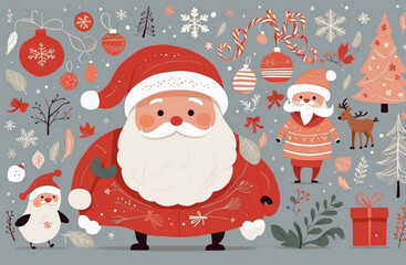 Colorful Santa Claus portrait illustration holiday seasonal theme concept with christmas decoration.
