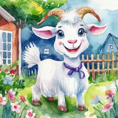 Namalowana uśmiechnięta koza w zagrodzie na wsi ilustracja - obrazy, fototapety, plakaty