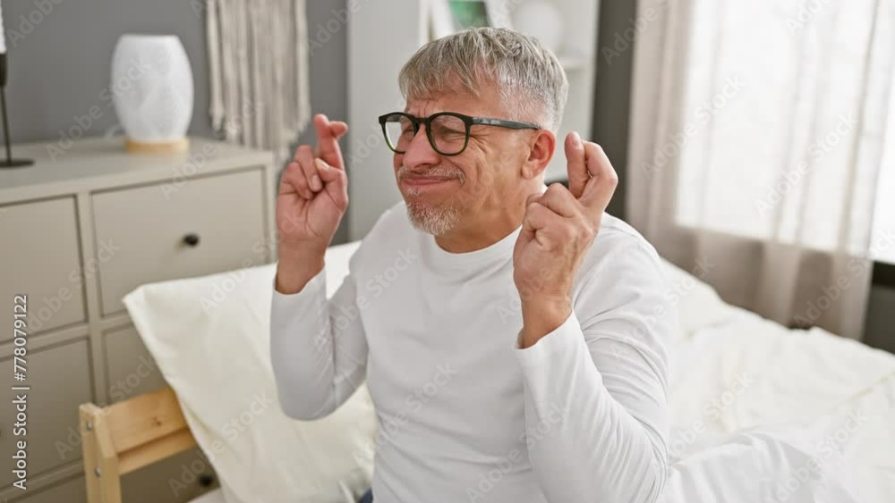 Wall mural Hopeful middle-aged, grey-haired man, cheerful smile, eyes closed in luck-filled wish, wearing pyjamas, crosses finger. superstitious gesture in cozy room