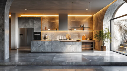 Realistic photo of a front facing elegant kitchen