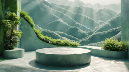 White cylinder podium on green nature mountains landscape. 3d Paper cut abstract minimal geometric...