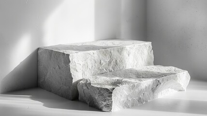 A high end e-commerce photoshoot, premium background, no products, very minimalistic, stone blocks, white and cold tones