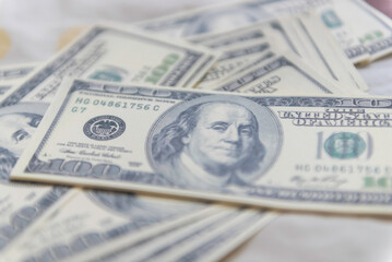 Close-up of dollar currency Money Pile $100 dollar bills. Fiancial concept.