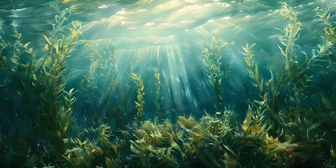 Fototapeta na wymiar Sunlight Filtering Through Underwater Greenery Illuminating a Serene Aquatic Ecosystem