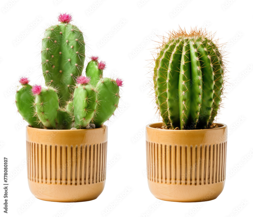 Wall mural two of summer cactus plants are in the nordic vase pot, cutouts isolated on transparent png backgrou