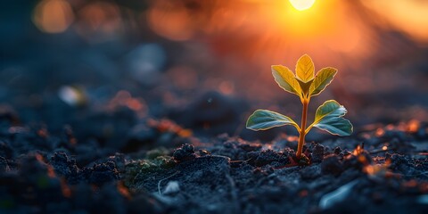 The Fragile Stem of a Young Plant Holding Its Ground as the Dawn Breaks - obrazy, fototapety, plakaty