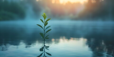 Serene Sprout Reflected on Misty Morning Lake