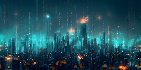 Fototapeta premium Futuristic Cityscape Silhouette with Holographic Data Streams Depicting the Technological Urban Landscape of the Future