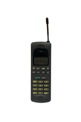 Old mobile phone in the 90's isolated on white background.