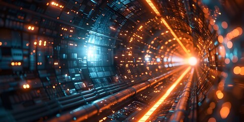 Naklejka premium Glowing Hyperspace Tunnel Representing Rapid Technological Advancement and Digital Innovation