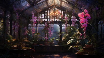 An isolated greenhouse filled with radiant orchids and rare succulents, where droplets of water glisten like jewels on leaves.