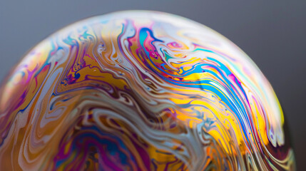 Detailed close-up of swirling colors in a soap bubble, super realistic