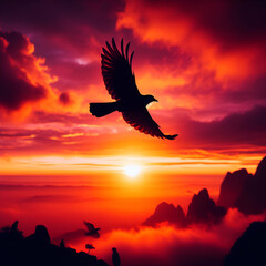 Capture the silhouette of a bird in flight against a vibrant sunset sky