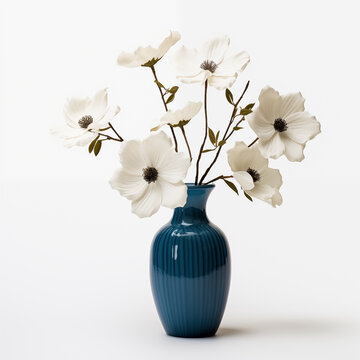 Elegant white magnolia flowers in a blue vase on a white background