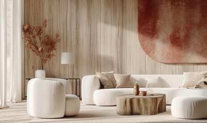 Minimalist living room with a chic curved ivory sofa and stump coffee table by a textured wooden wall. Interior design