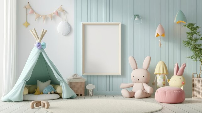 Empty children's playroom with tent and doll, blank white frame on blue pastel background