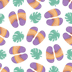Cute hand drawn flip flops and plant leaf seamless pattern. Flat vector illustration. Doodle drawing.