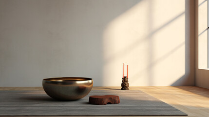 A minimalist meditation space featuring a single, ornate Tibetan singing bowl, placed deliberately on a sleek matte surface. - Powered by Adobe