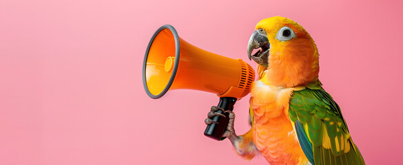 Parrot bird announcing using megaphone. Notifying, warning, announcement.