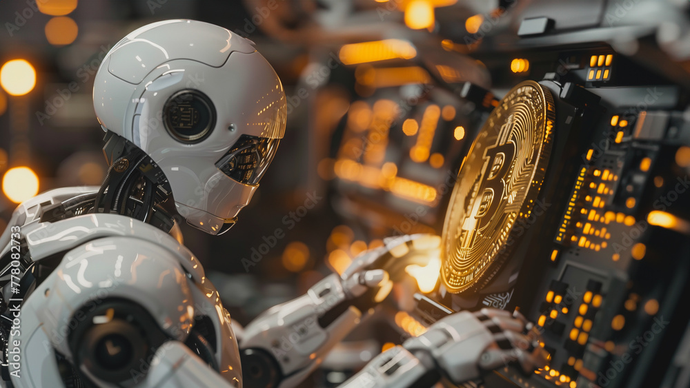 Poster a robot is working on a computer monitor with a large gold coin on it