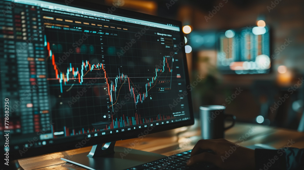 Poster a person is typing on a computer monitor that displays a graph of stock prices. the graph shows a do