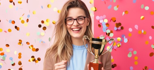 Woman celebrating success with cup in hand