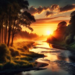 A river, trees, and a sunset near the riverbank - obrazy, fototapety, plakaty