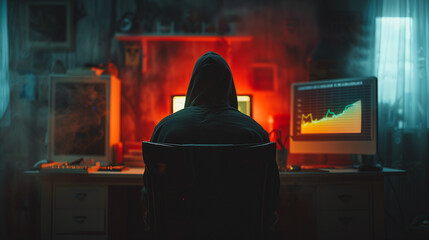 A man is sitting in front of a computer with a hood over his head - obrazy, fototapety, plakaty