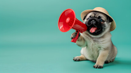 Little dog announcing using megaphone. Notifying, warning, announcement.
