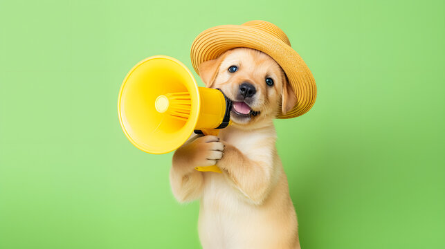 Little dog announcing using megaphone. Notifying, warning, announcement.