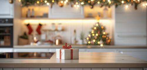 Fototapeta na wymiar Christmas presents on the table. Kitchen with Christmas decorations and wrapped gift on kitchen island, blurred background. Christmas elements.