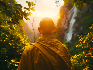 Buddhist monk meditating near a waterfall during a beautiful sunset or sunrise