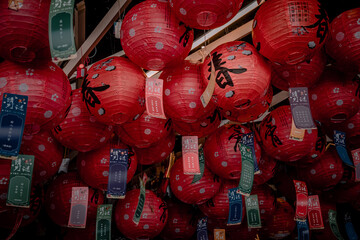 Beautiful red balls for Chinese New Year. Festive balls on the ceiling.