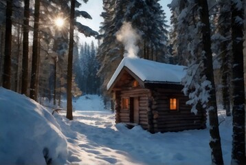 Beautiful winter landscape with a snow-covered coniferous forest and a hut.