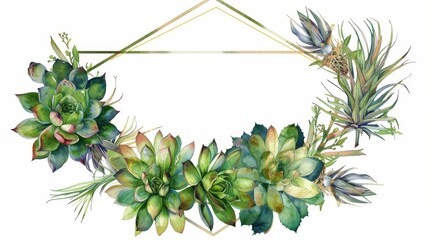 Watercolor wreath of succulents and air plants in a parallelogram frame,