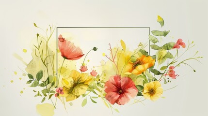 Wildflower wreath with a rectangular frame, watercolor, bright background,