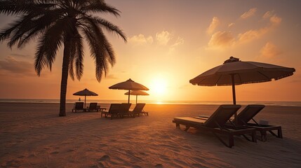 Beautiful sunset beach, sun lounger and umbrella on a sandy beach by the sea