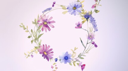 Wildflower wreath within an oval frame, watercolor, on a simple bright backdrop,
