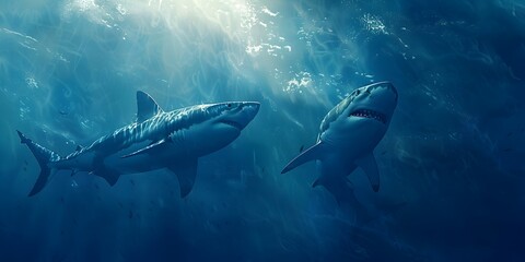 Powerful Sharks Prowling the Sunlit Depths of the Vast Blue Ocean