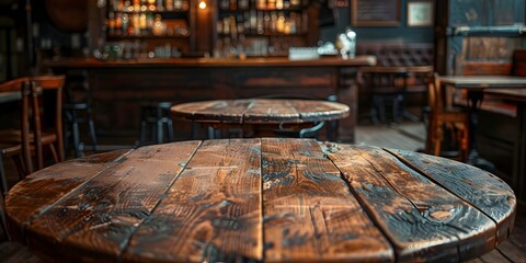 An empty wooden table with a rich aged patina sits against the backdrop of a vintage pub s dark...
