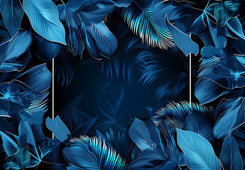 Blue neon frame with leaves on black background.