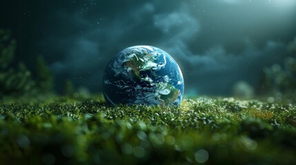 the Earth globe covered with green plants and trees, symbolizing ecological balance and care for the environment - obrazy, fototapety, plakaty