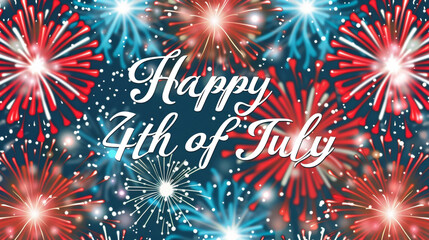 An elegant script "Happy 4th of July" overlaying a background of soft-focus fireworks in red, white, and blue.