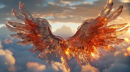 Incandescent wings soaring amidst a sunset sky, perfect for concepts of freedom, fantasy, and triumph.