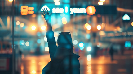 Person Hailing Taxi at Night in Urban Cityscape