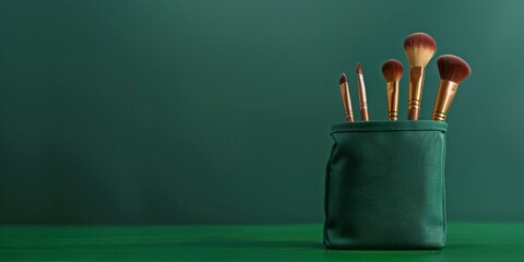 A cup overflowing with professional makeup brushes standing on a vibrant green table