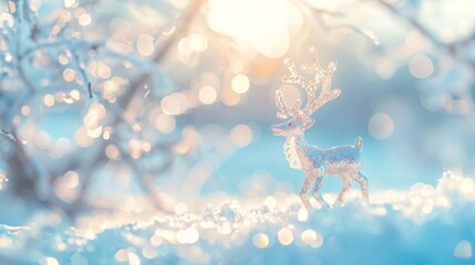 Close-up of an ice figure of a reindeer on the background of snowy winter landscape - obrazy, fototapety, plakaty