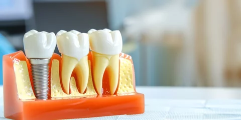 Foto auf Acrylglas A close-up view of a dental model showcasing a tooth and a dental implant, illustrating dental implant procedure and restoration © tashechka