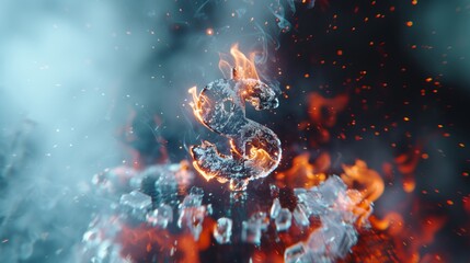 Fototapeta na wymiar Detailed view of a dollar sign made of ice melting and burning on a fiery blaze against a black backdrop